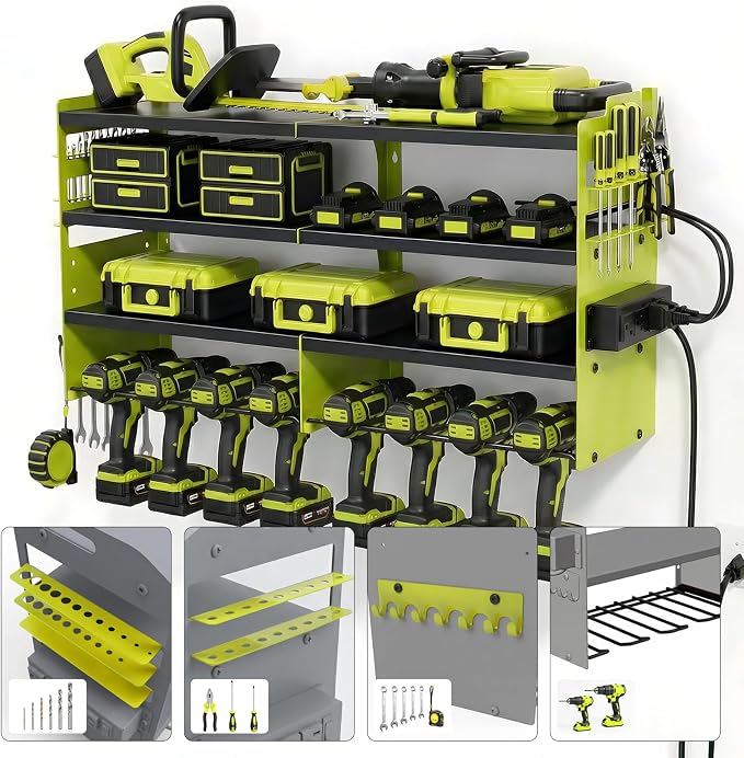 Power Tool Organizer Wall Mount, Includes Power Strip, GREEN | Heavy Duty 600 Lbs Metal Tool Storage Rack, 4-Tier Garage Drill Holder & Workshop Battery Management Station