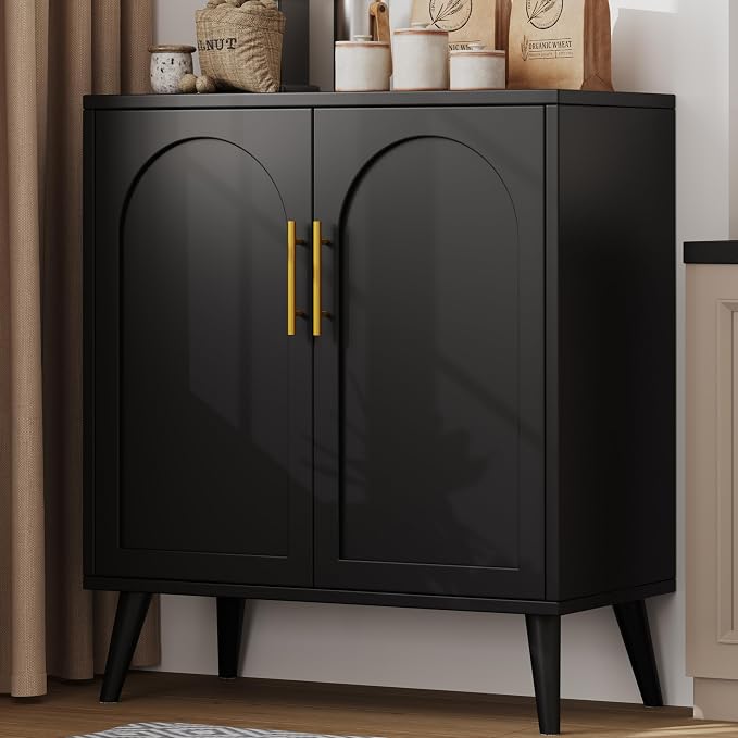 Keehusux 15.7" D Black Storage Cabinet with 2 Doors & Adjustable Shelf | Accent Buffet Sideboard Solid Wood Legs, Coffee Bar, Modern Floor Storage Cabinet for Kitchen, Living Room