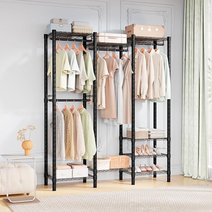 Heavy Duty Clothes Rack, Metal Garment Rack 64.8" W x 15.8" D x 76" H with Hooks, Freestanding Clothing Racks for Hanging Clothes, Portable Closet Organizer 900LBS Max Load, Easy Assembly-Black