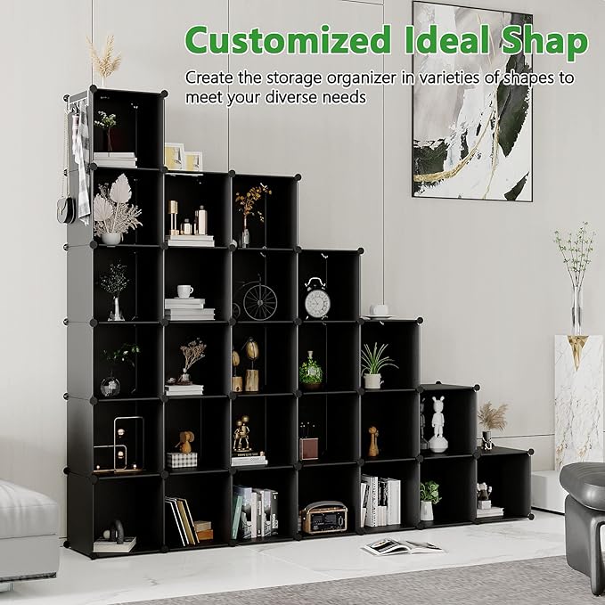C&AHOME 30-Cube Shelf, Plastic Cube Storage Organizer, DIY Bookshelf Black | Stackable Modular Closet Cabinet Ideal for Bedroom, Living Room, Office, 60.6" L x 12.4" W x 72.6" H