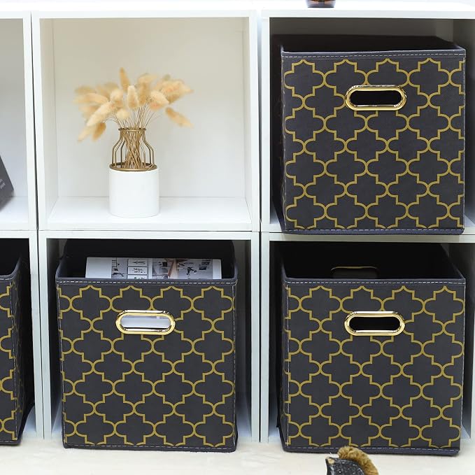 Fabric storage bins Cubes, Fabric Cube Organizer with Handle, Foldable Cube Bins for Cloth or Accessary Storage, 11x11x11, Set of 3, (Grey Gold)
