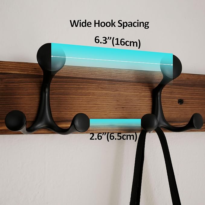 WEBI Coat Rack Wall Mount,30" Solid Wood Coat Hooks Wall Mounted Coat Hanger,16" Hole to Hole,Heavy Duty Hook Rack,5 Triple Hooks for Hanging Coats,Jacket,Hat,Backpack,Farmhouse,Brown,2 Packs