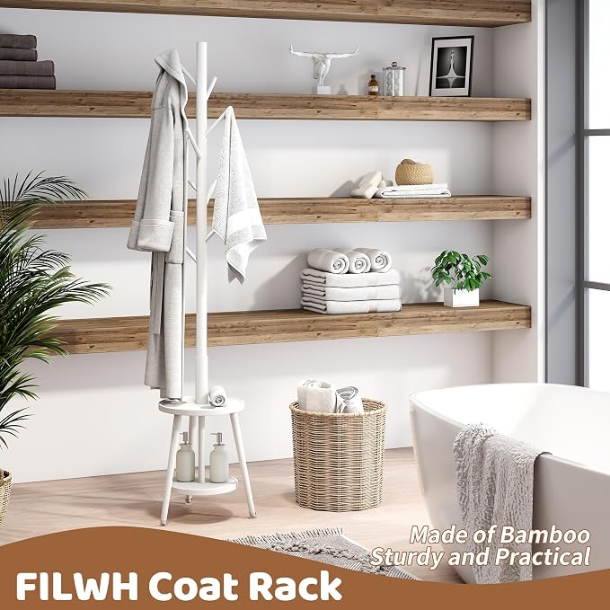 Freestanding Coat Rack with Umbrella Organizer Tray Bamboo Coat Tree Rack with 8 Hook Stand for Clothes Bag Hats Entryway Hanger Stand (Umbrella Tray, White)
