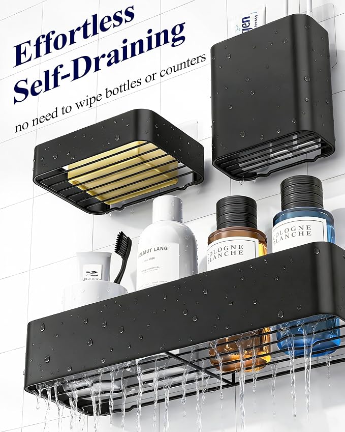 Kitsure Large Shower Caddy - Adhesive 6-Pack Bathroom Shelves, Black | No-Drilling Rustproof Shelves with Soap Holder, Toothbrush Holder, 6 Hooks, Stylish Bathroom Organizers and Storage Solution