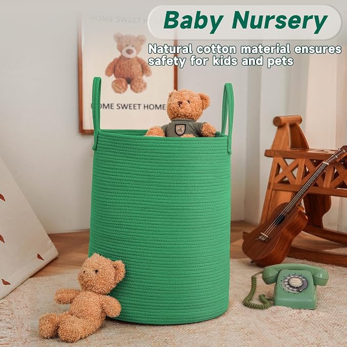 JMvicyroam 60L Cotton Rope Laundry Basket Hamper, Dark Green | Collapsible laundry basket, reinforced handles, freestanding, machine washable, holds 3-5 thick blankets, clothes or toys