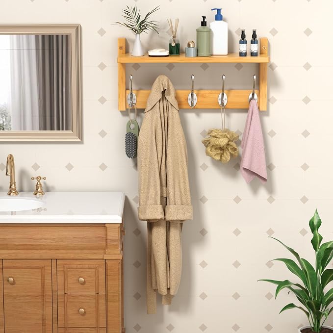 VASMIA Coat Rack Wall Mount with Shelf,Bamboo Wall Shelf with Hooks,Coat Hangers for Entryway,Bathroom, Living Room, Bedroom, Natural