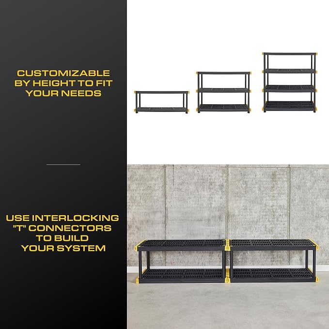 CX Heavy Duty 4-Tier Garage Storage Shelves + 8-pack 27-Gallon Bins & Lids | Garage organizing system with 4-tier shelf + 8 plastic 27-gal totes, 200 lbs/shelf, 50.1H x 48W x 20D, Black & Yellow