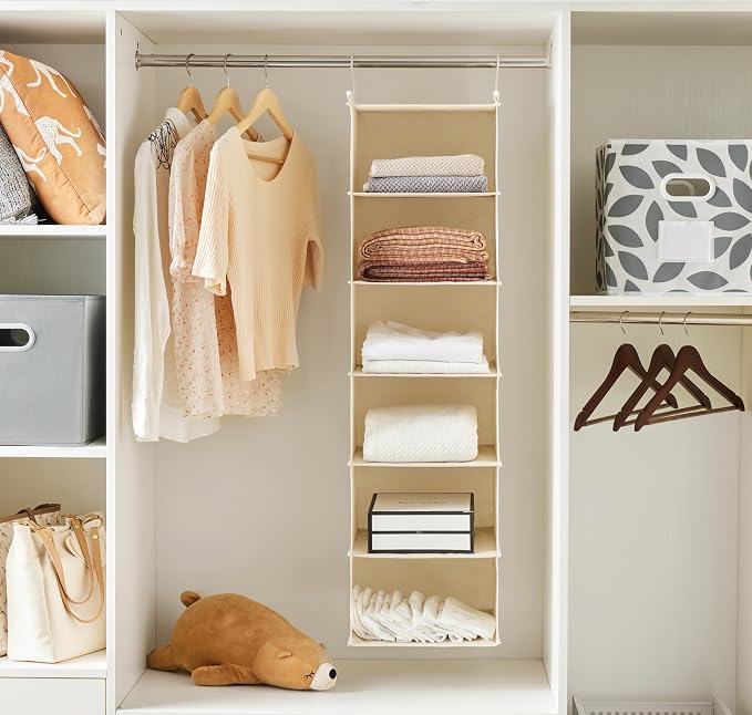 MAX Houser 6 Tier Shelf Hanging Closet Organizer, Closet Hanging Shelf with 2 Sturdy Hooks for Storage,2 Pack, Foldable (Yellow)