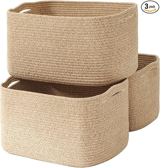 ICERZCZ Large Storage Baskets for Organizing Shelves, Woven Cotton Rope Bins for Baby Nursery Organization, Book Toy Towel Organizer, 17"x13"x9.5", 3 Packs, Brown