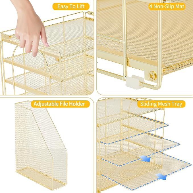 AUPSEN Gold Desk Organizers and Accessories, 5-Tier Desktop Paper File Organizer with Removable File Holder, Desk Accessories & Workspace Organization for Home Office Supplies (Gold)