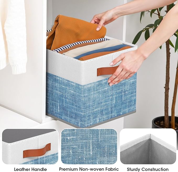 Fab totes Collapsible Storage Baskets for Shelves,14"x10", 6 Pack Foldable Fabric Storage Bins with Double Leather Handles, Large Baskets for Organizing Books, Clothes, White & Blue