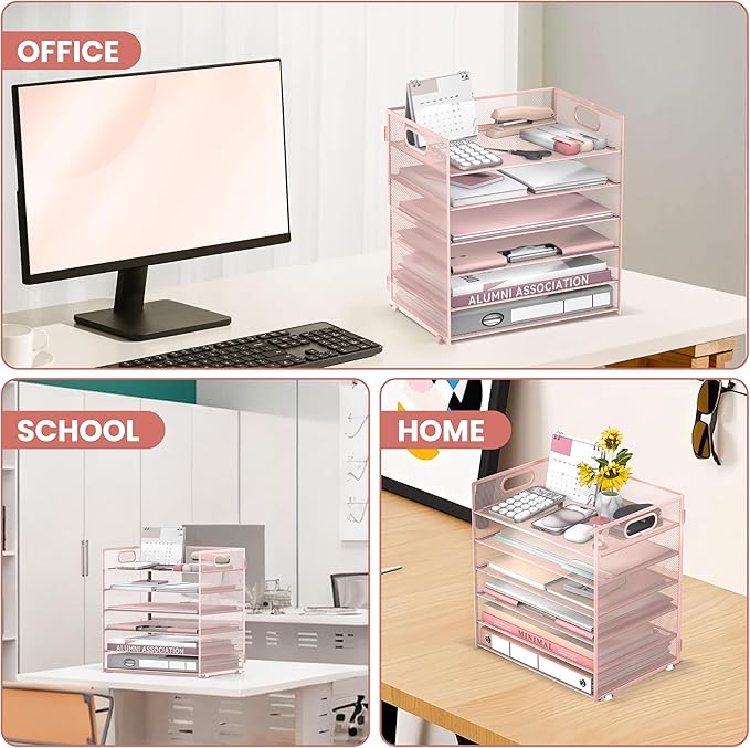 Daltack 6-Tier Paper Organizer for Desk with Handle, Pink | Sturdy Metal Mesh Organizer with Movable Middle Trays and a Carry Handle for Papers, Folders and Office Supplies
