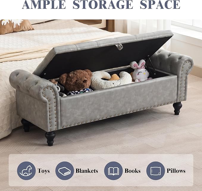 55" Storage Bench for Bedroom, Upholstered Ottoman Bench, Leather LightGray | End of Bed Bench for Bedroom, Window Benches for Living Room, Entryway, Ottoman with Large Storage Space, Pet Friendly