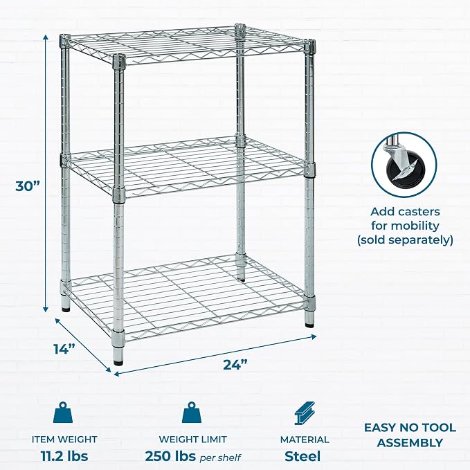 Honey-Can-Do 3-Tier Heavy Duty Adjustable Shelving Unit, 250-lb Per Shelf Metal Storage Rack, Wire Shelf for Kitchen Garage Pantry Closet, Chrome, 24 x 14 x 30 in