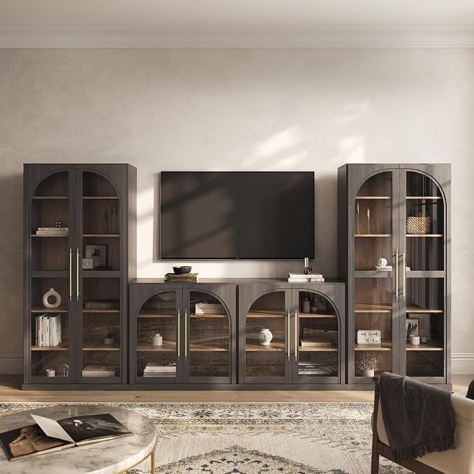 BELLEZE 3-Piece Modular TV Stand Set - 1 Arched Glass Door Sideboard and 2 Tall Cabinets, Modern Modular Entertainment Center with Adjustable Shelves for Living Room(Ebony)