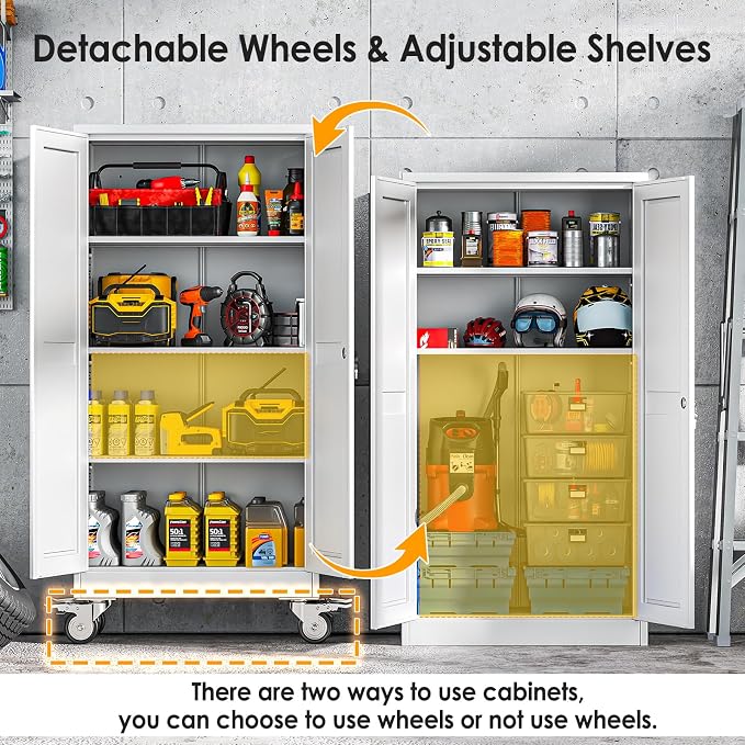 PAOFIN 61''H Metal Garage Storage Cabinet with Wheels,Steel File Cabinets with 2 Doors and 3 Adjustable Shelves for Home Office, Warehouse, Required Assembly,White