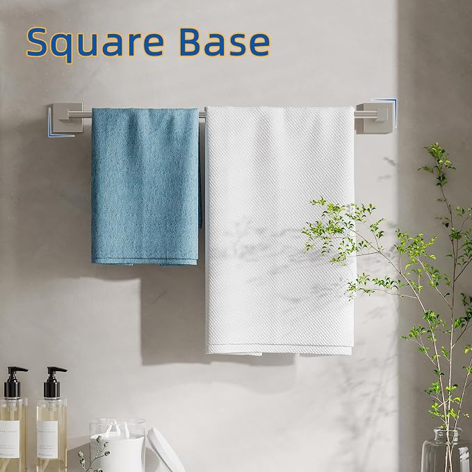 RUACQ Towel Bar 24" Towel Racks for Bathroom Wall Mounted, Brushed Nickel | One-Piece Bath Towel Holder, Total Length 26 Inch Single Towel Rod, 304 Stainless Steel Rustproof, Square Base, Heavy Duty
