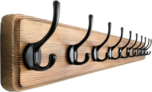 Wall Mounted Coat Rack: 38-1/4" Long, Patented, Heavy-Duty, 10-Double-Hooks Wooden Hanger Rail for Winter Coats, Hat, Jacket, Clothing - Natural & Black