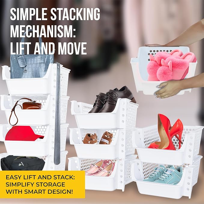 Skywin Stackable Storage Bins Open Front for Pantry Storage, 4 Pack - White | Sturdy Plastic, Easy Stacking, Breathable & Open Front Design, Pantry Storage for Snacks, Toiletries, and Small Essentials