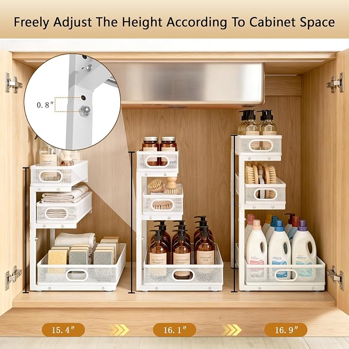 Under Sink Organizer, 3-tier Under Sink Storage Organizer Adjustable Height Easy Assembly Pull Out Cabinet Organizers Basket for Bathroom Kitchen Pantry Home Organization