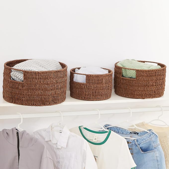 Wicker Storage Basket, Hand-Woven Paper Rope Large Round Woven Basket With Handles, Wicker Baskets for Organizing/Storage, Brown, 3-Pack