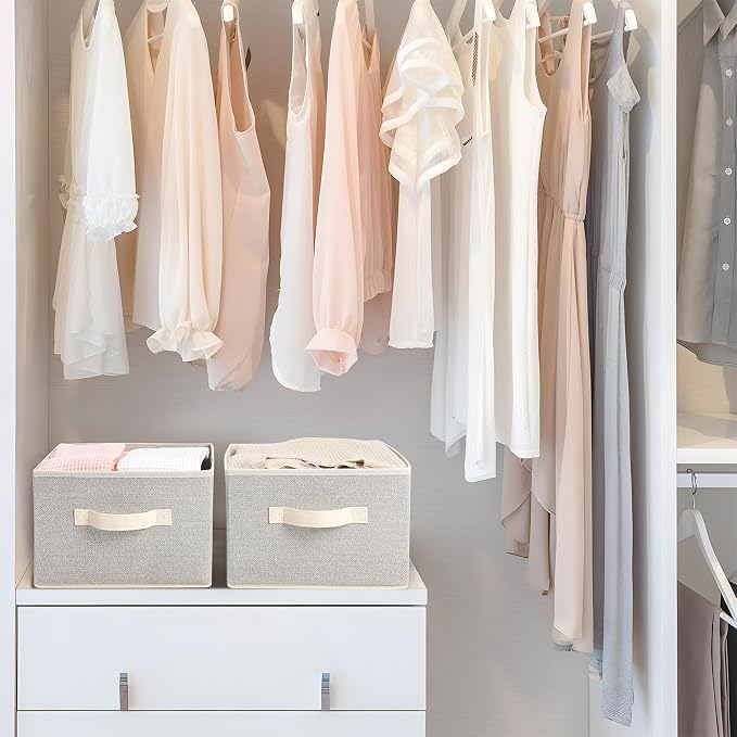 11 inch Storage Baskets, Woven Fabric Bins, Storage Cubes with Reinforced Handles, Organizer Bins for Closet Shelves, Foldable, for Clothes (Beige, 4PCS/11*11*7.8inch)