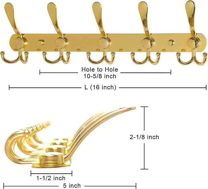 Dseap Coat Rack Wall Mounted - 5 Tri Hooks, Heavy Duty, Stainless Steel, Metal Coat Hook Rail for Coat Hat Towel Purse Robes Mudroom Bathroom Entryway,Gold