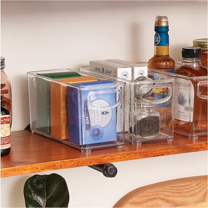 iDesign Plastic Stackable Pantry Bin, Set of 2, Clear | Storage Bin with Handles, For Cabinets or Fridge