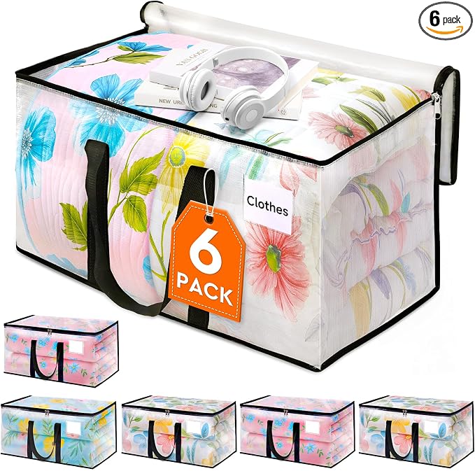 HomeHacks Moving Bags, Heavy Duty Storage Bags for Clothes, 6 Pack 76L | Waterproof moving bag with zipper and Handles, clear storage bags packing bags for moving, camping, home organization, 20Gal