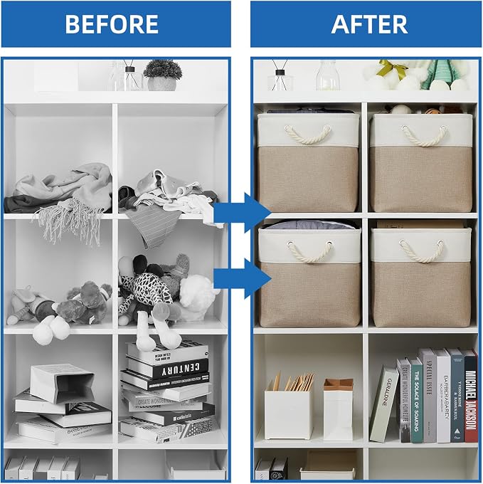 Temary 4 Pack Cube Storage Bins Cloth Baskets for Shelf, Fabric Storage Cubes 12 x 12 Baskets Gift Empty Basket with Handles, Basket for Storage (White&Khaki)