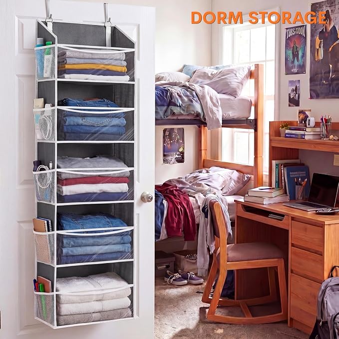 Ofiray-home 2P 5Tiers Over Door Organizer,Weekly Clothes Organizer for Kids | 5 clear PVC front pockets, 10 mesh side pockets, weekly outfit planner, for kids, dorm, entryway, RV, 50 lbs capacity