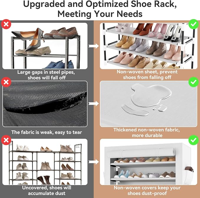 LANTEFUL Shoe Rack with Covers 10 Tier Tall Shoe Rack Organizer Large Capacity Shoe Shelf Storage 40 Pairs Space Saving Free Standing Shoe Storage Organizer for Closet, Entryway, Dorm, White