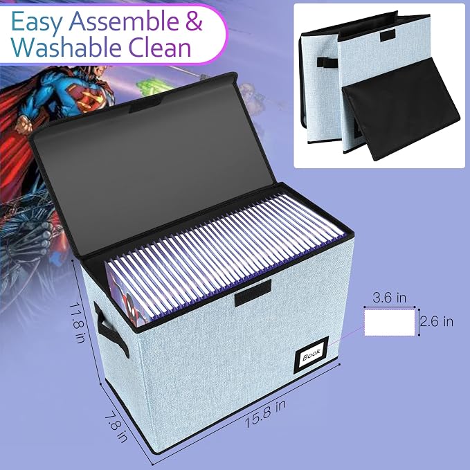 5 Pack Comic Book Storage Boxes, 15.8" X 7.8" X 11.8", Collapsible Comic Short Box, Holds 160-180 Collection Comic Book Container Holder Shelf Protector Organizer Bin (Blue)