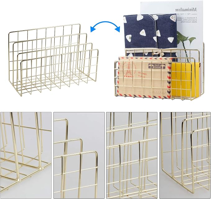 Desktop Mail Organizer File Organizer for Letters 3 Slot, Gold | Metal Wire Mail Sorter Letter Organizer Magazine Rack for Mails, Books, Postcards, Brochures, Mail Holder