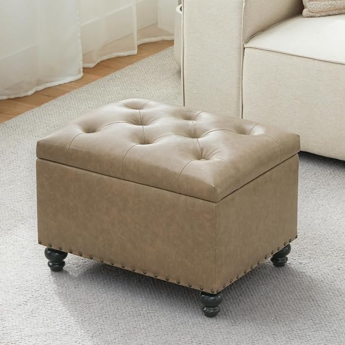 Zihanhome Leather Ottoman with Storage, Upholstered Button Tufted Ottoman Foot Rest, Foot Stools, 24" Rectangle Ottomans with Storage for Living Room, Bedroom, Dorms and Apartments (Taupe Brown-PU)