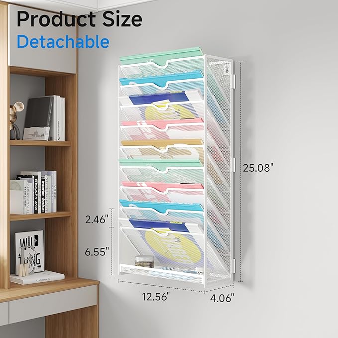 Lavatino 10-Tier Hanging File Organizer, Wall Mount File Holder for Mails Folders Papers Magazine Organization, Vertical Document Organizer for Office Home White