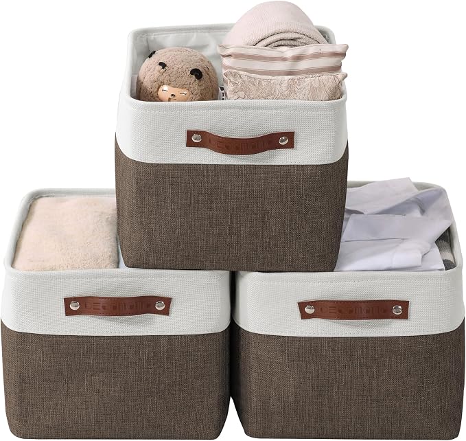 DECOMOMO Storage Bins, Large Fabric Storage Baskets for Shelves 3 Pack | 15 x 11 x 9.5 inches Decorative Linen Closet Organizers (Brown & White)