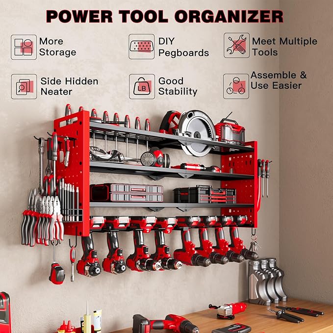 NattyDot Power Tool Drill Holder Wall Mount, 4Tier Garage Organizer, Red | 4-tier Utility Rack Stores 8 Cordless Drills, Batteries and Accessories while Freeing Extra Garage Wall Storage Space
