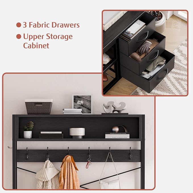 Hall Tree with Bench and 3 Drawers Storage, 39.4" Coat Rack Freestanding