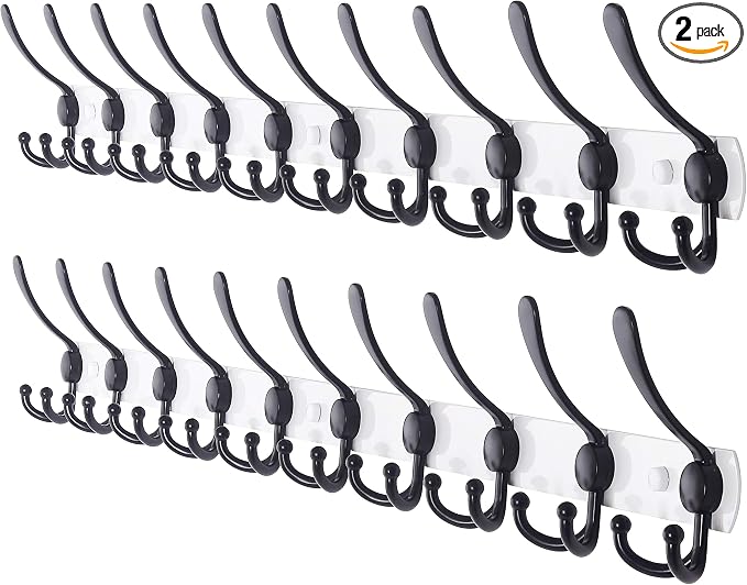 Dseap Coat Rack Wall Mount - 38” Long 10-Tri-Hooks Heavy Duty Coat Hanger Rail Wall Hooks for Hanging Coats Hats Clothing Clothes Purse Mudroom Entryway, White/Black, Pack of 2