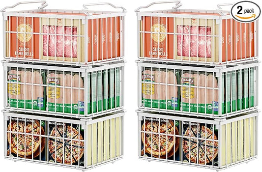 Freezer Organizer Bins, 6 Pack Enlarged Baskets for 5-9 Cu.FT Deep Freezer | Stackable Chest Freezer Organizer Bins, Foldable with Handles, White Storage Container Baskets for Sort Frozen Meats