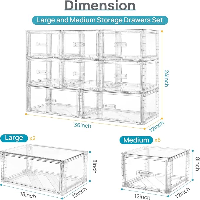 Vtopmart 8 Pack Large & Medium Stackable Storage Drawers Set | Easy Assembly Clear Plastic Storage Cabinet, Durable Dresser for Closet, Bedroom, Entryway, Playroom & Apartment Organization