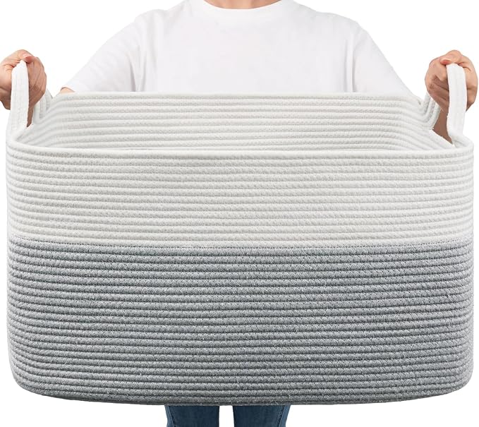 Goodpick Large Cotton Rope Toy Storage Basket, Rectangle, White Gray | 21.6 x 14.9 x 11.8 in, Reinforced Handles, Living Room, Nursery & Bedroom Organization, Toys, Blankets & Clothes Storage
