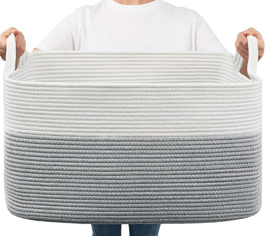 Goodpick Large Cotton Rope Toy Storage Basket, Rectangle, White Gray | 21.6 x 14.9 x 11.8 in, Reinforced Handles, Living Room, Nursery & Bedroom Organization, Toys, Blankets & Clothes Storage