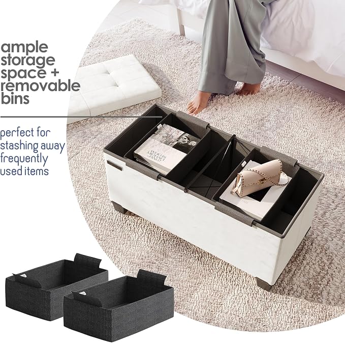 Storage Ottoman Bench with Bins, 30-in Storage Bench for Bedroom End of Bed, Folding Foot Rest Ottoman for Living Room Max 660lbs, Velvet Ottomans, Cream