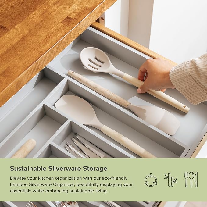 KitchenEdge Silverware & Utensil Drawer Organizer, 18-33 in, Gray Bamboo | Cutlery, flatware, food-safe contract grade, kitchen drawer fit