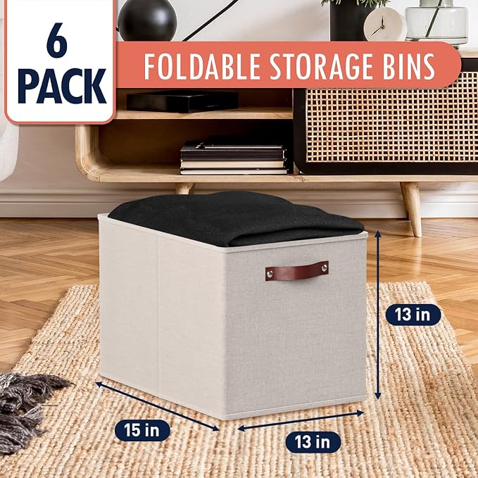 Ornavo Home 13x15x13 Foldable Fabric Storage Cube Bins, 6 Pack, Beige | Collapsible Linen Shelf Basket Organizer; Leather Handles; Fits Cube Storage Shelving Units