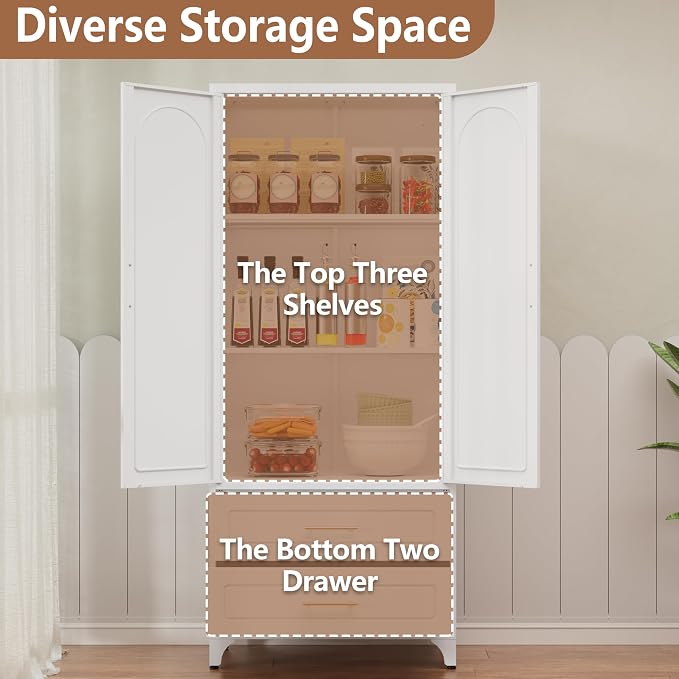 Polup 75" Tall White Metal Pantry Storage Cabinet with 2 Drawers | Heavy-Duty Steel Kitchen Cabinet, 2 Adjustable Shelves & Magnetic Doors, Leveling Feet, for Dining Living Room, Laundry