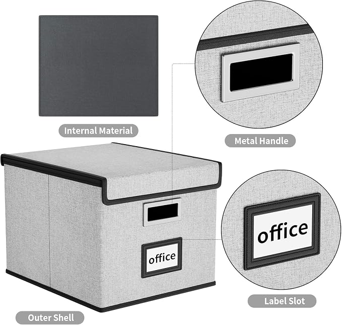 File Organizer Box with Lids, Collapsible File Folder Organizer | File Box with Plastic Slides for Office Document Storage, Filing Bin for Letter Size Hanging File Folders (1 Pack, Gray)