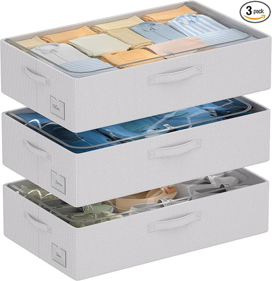 CYhom 3Pcs Under Bed Storage Bins with Metal Frame - Shoe Organizer for Closet with Clear Cover Oxford Fabric Sturdy Underbed Container Foldable Stackable Clothes Organizer (Grey, 23.5x15.7x6.3)